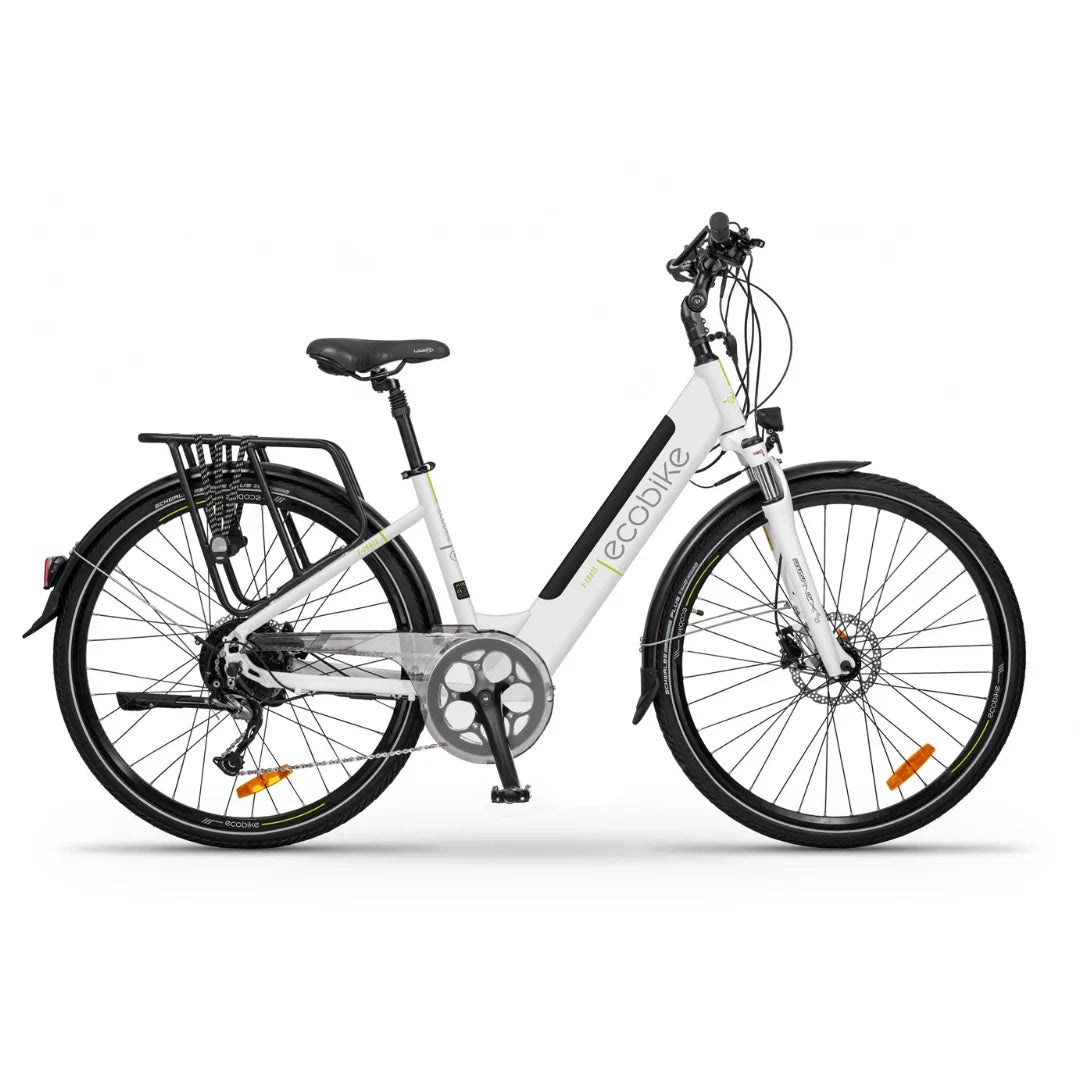 Electric Bike Ecobike X Cross features a sleek white frame, comfortable saddle, and durable components for urban rides.