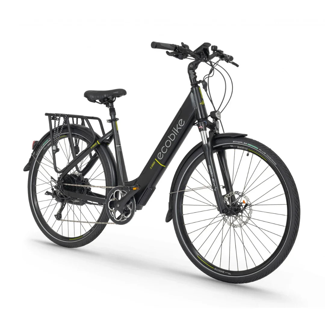 Electric Bike Ecobike X Cross features a sleek black design, sturdy frame, and practical rear rack for utility.