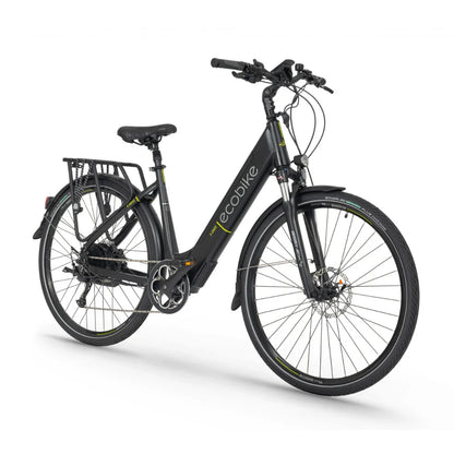 Electric Bike Ecobike X Cross features a sleek black design, sturdy frame, and practical rear rack for utility.
