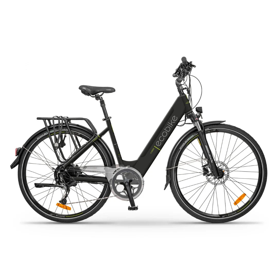 Electric Bike Ecobike X Cross features a sleek black frame, sturdy tires, and comfort-focused design.