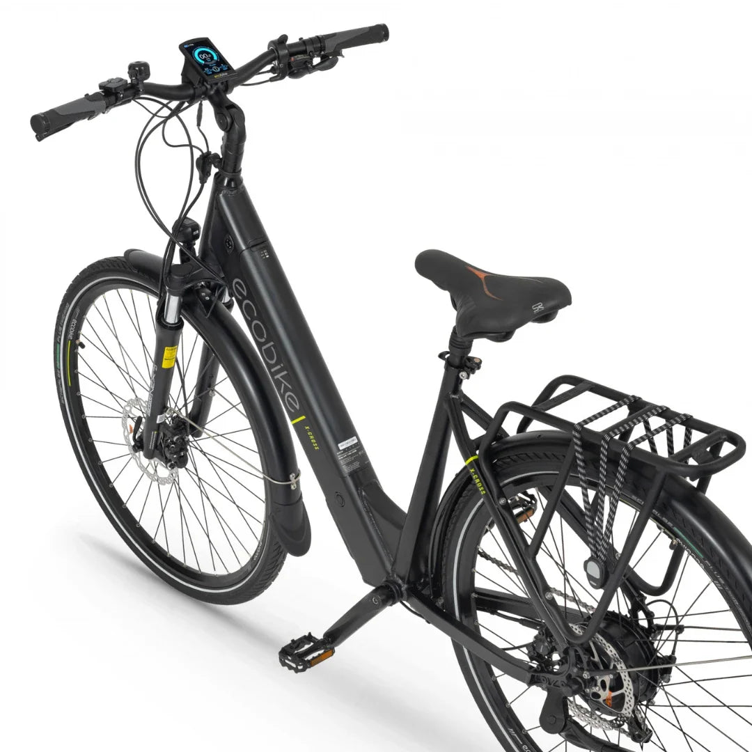 Electric Bike Ecobike X Cross features a sleek black frame, ergonomic design, and a rear rack for convenience.