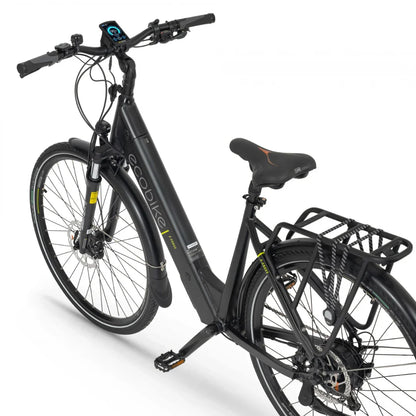 Electric Bike Ecobike X Cross features a sleek black frame, ergonomic design, and a rear rack for convenience.