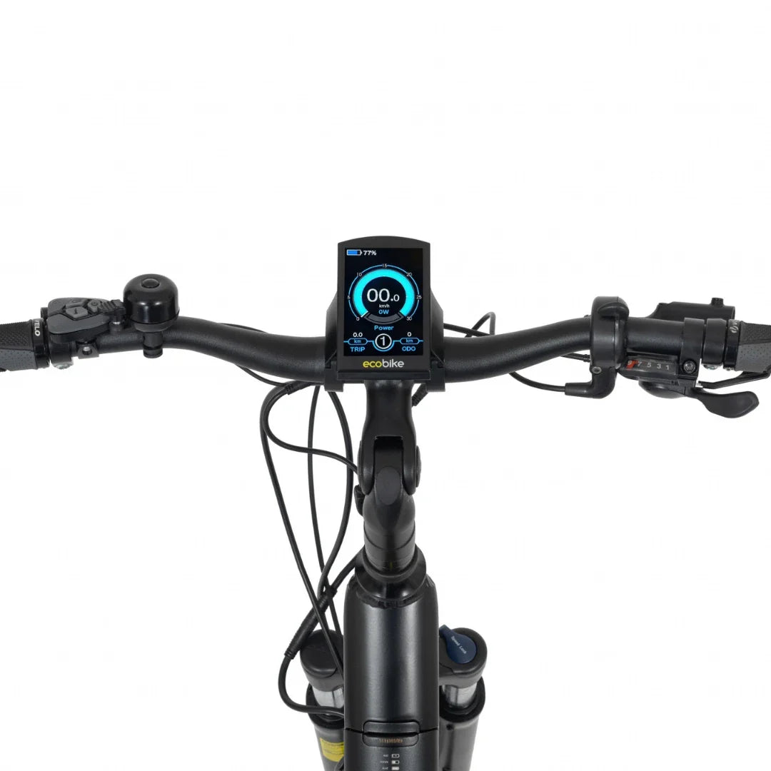 Electric Bike Ecobike X Cross features a sleek handlebar with a digital display showing power and speed metrics.