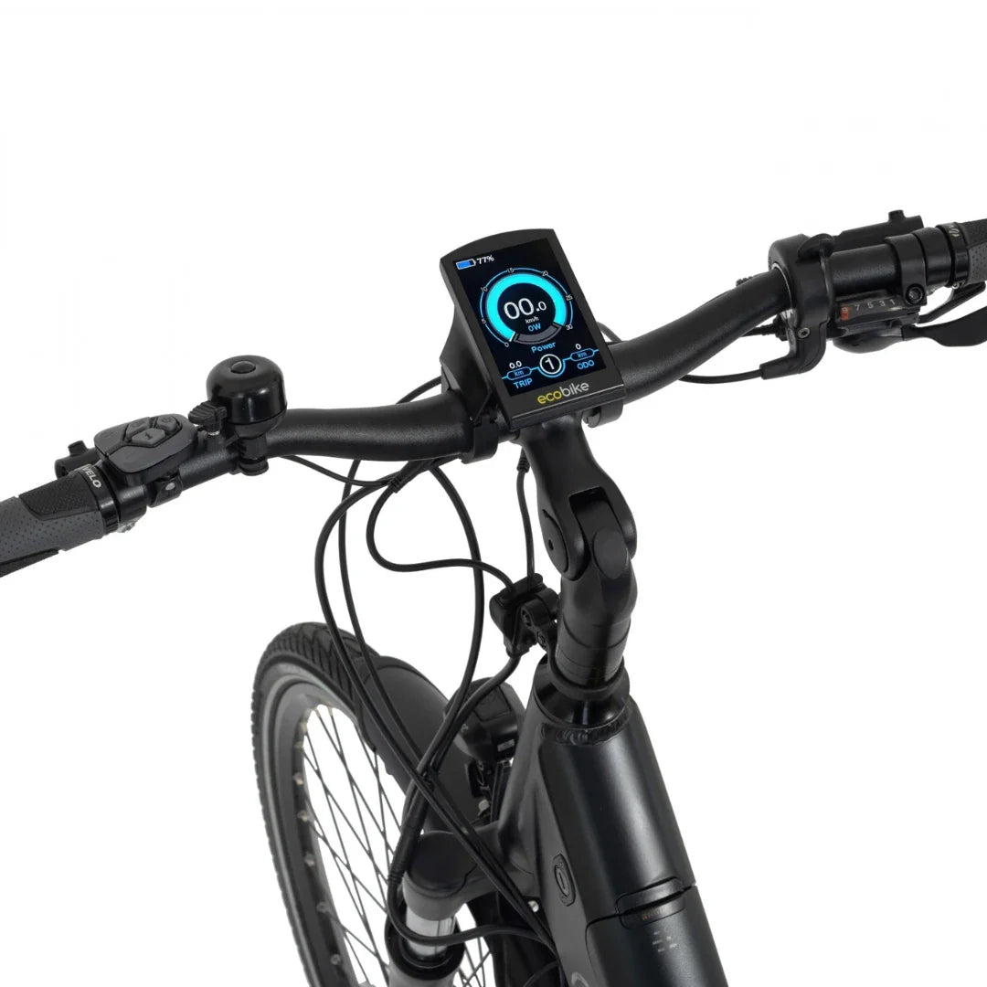 Electric Bike Ecobike X Cross features a sleek handlebar design with a digital display for key metrics.