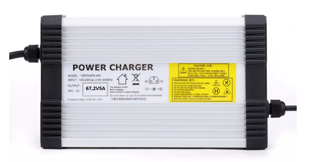 Fast Charger 5A for 60V Systems – top view of silver charger with label