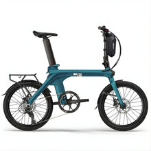 Electric bicycle Fiido X – side view, teal colour, with bag