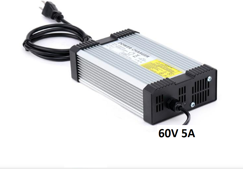 Fast Charger 5A for 60V Systems – angled view of silver charger with fins