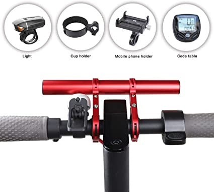 Accessory Mount for Electric Scooter – red mount on scooter handlebar with accessories