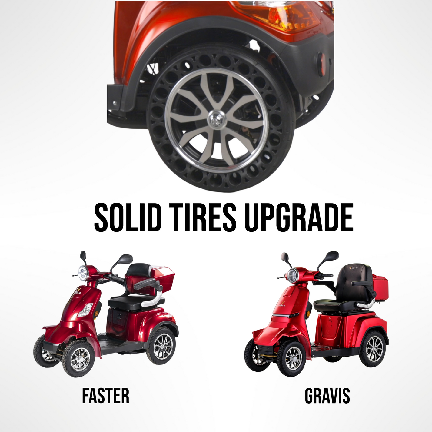 Solid Tires Upgrade for Veleco Faster and Veleco Gravis – scooter with solid tires, comparison image