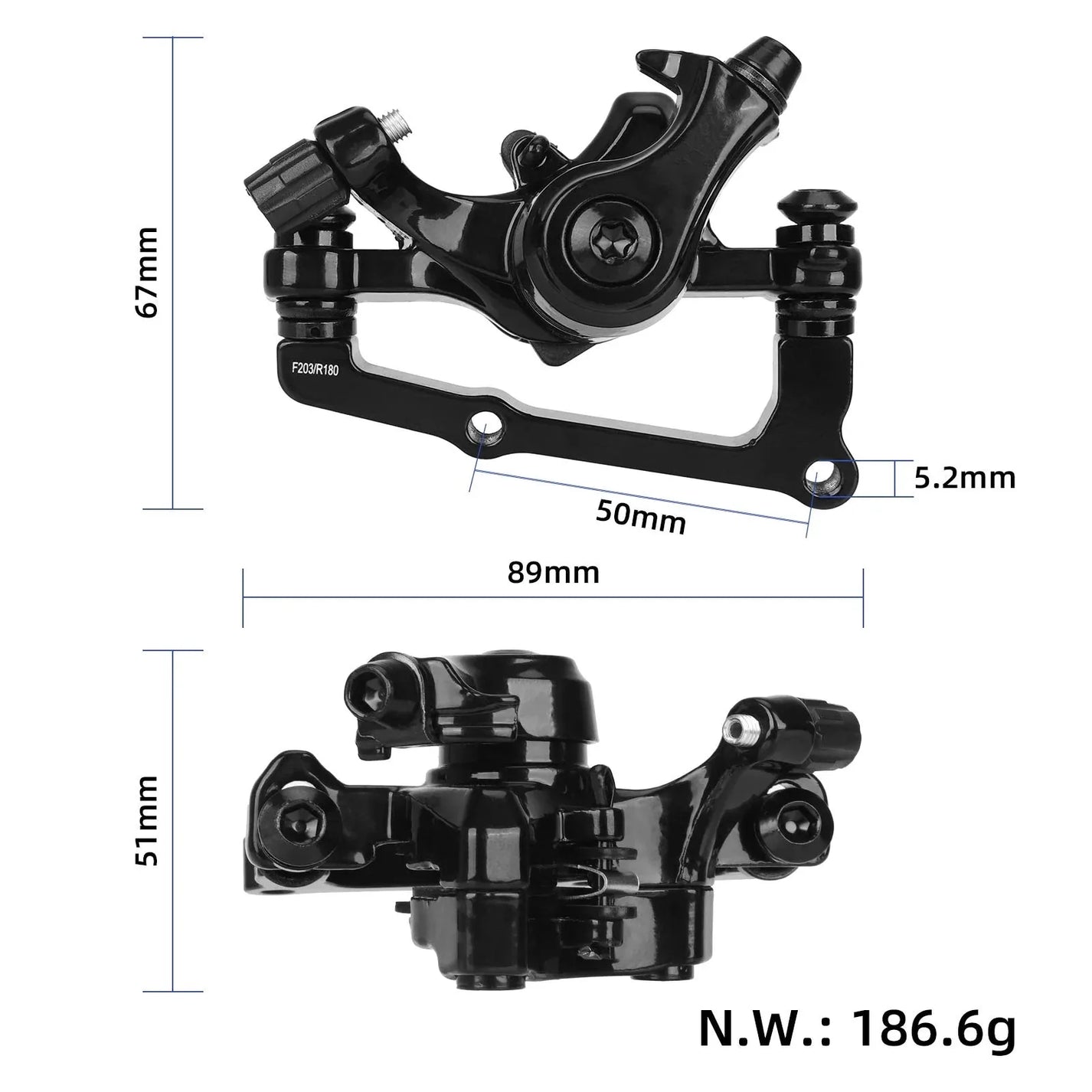 Rear brake caliper for 180 mm disc for electric scooter or bicycle