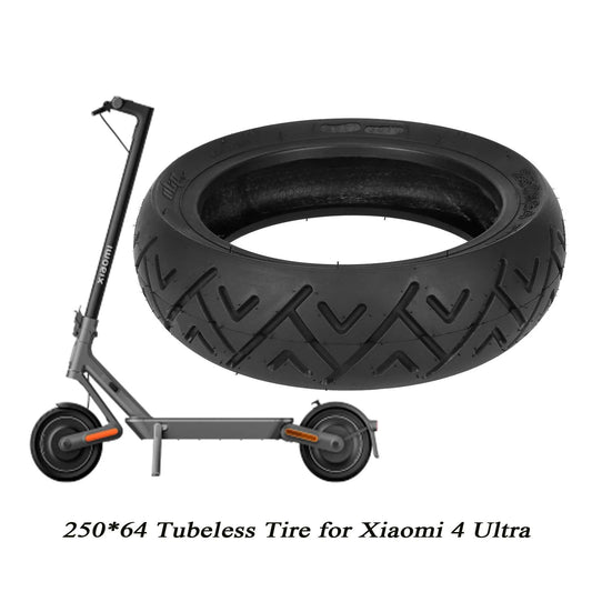 Tubeless Tire 250 x 64 for Xiaomi 4 Ultra – tire with scooter and text overlay