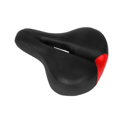 Top-down perspective view of a black wide comfort bicycle saddle with red rear accent