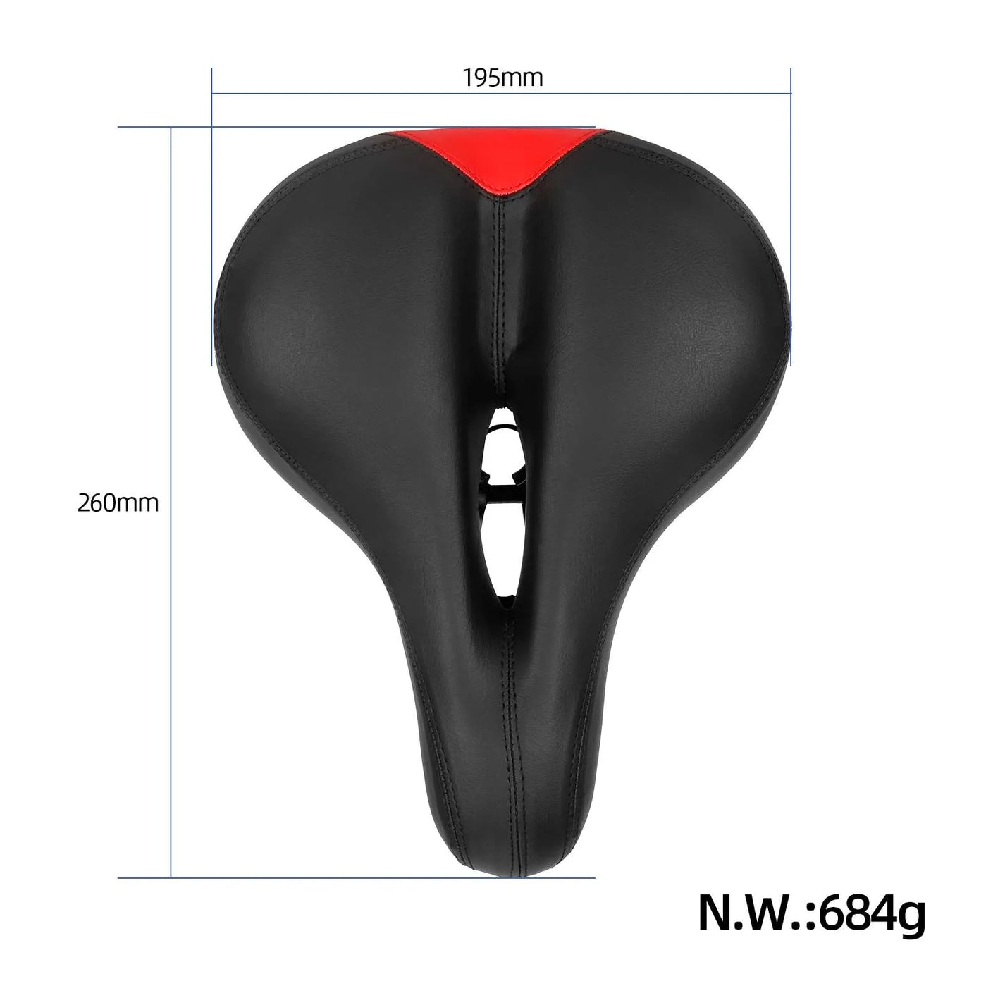 Top view of bicycle saddle showing 260 mm length by 195 mm width dimensions and 684 g weight