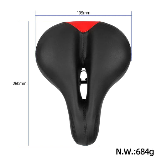 Top view of bicycle saddle showing 260 mm length by 195 mm width dimensions and 684 g weight