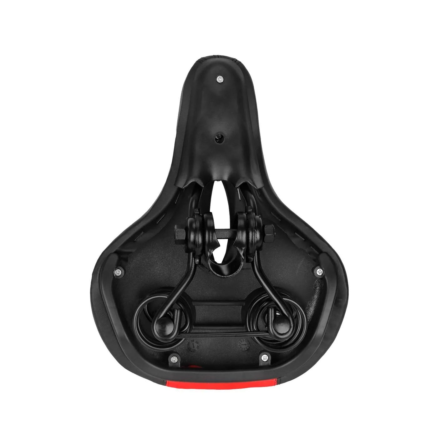 Underside view of the bike seat displaying dual coil springs, mounting rails, and seatpost clamp