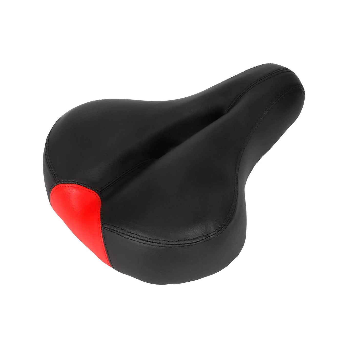 Rear angle view of the padded bicycle saddle highlighting the red accent section