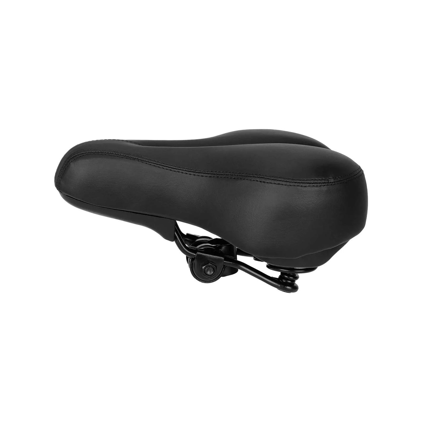 Side profile view of the wide bike saddle showing the cushion thickness and suspension springs