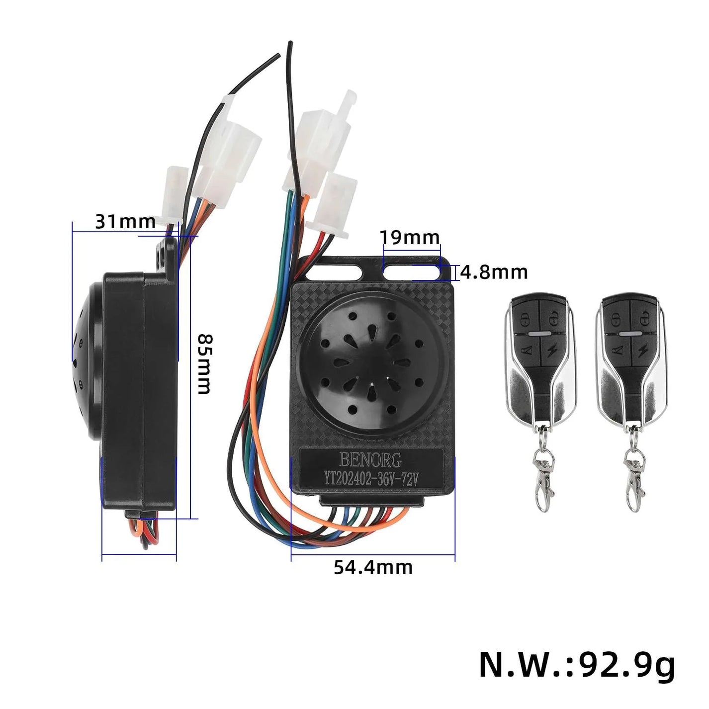 Universal alarm with remote locking for electric vehicles 36–72V
